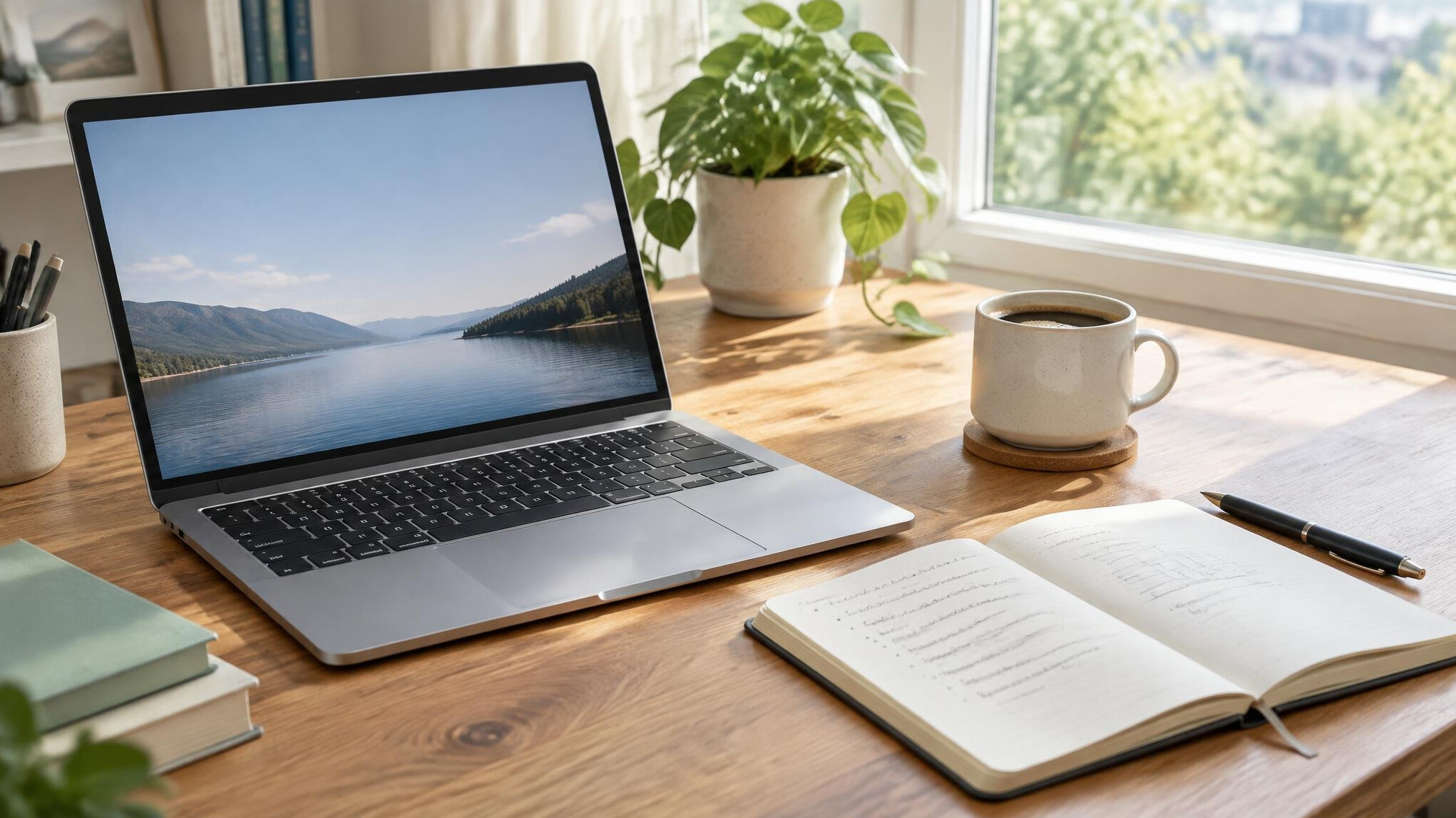 Laptop and notebook on a wooden desk with coffee