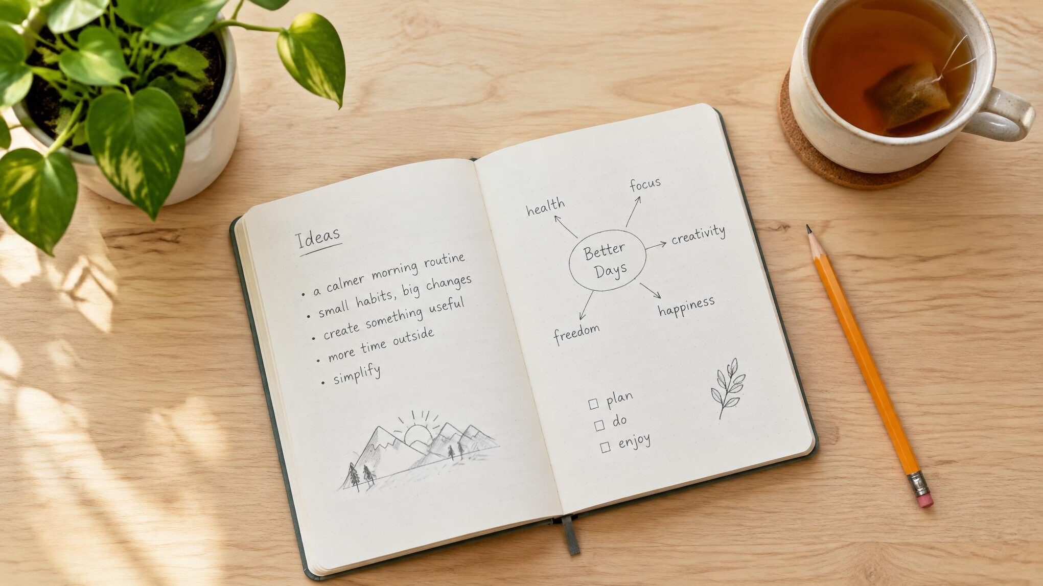 Notebook with ideas and a pencil on a desk